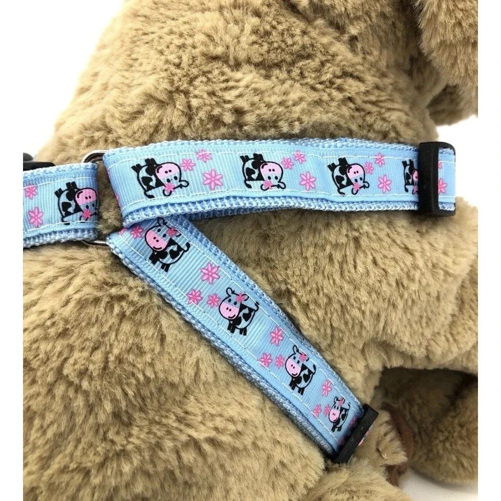 Dog Harness & Leash Set Adjustable For Small / Medium Dogs Blue Cow Print